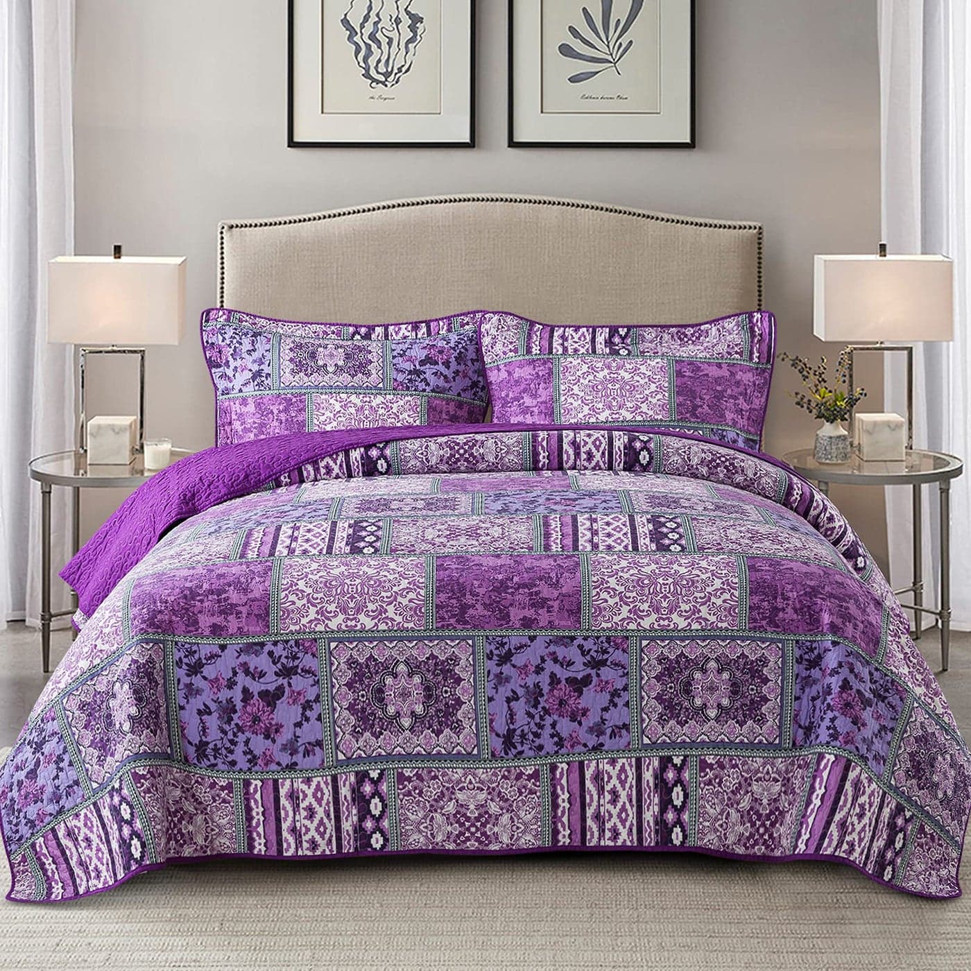 NEWLAKE Cotton Bedspread Quilt SetsReversible Patchwork Coverlet Set Purple Classic Bohemian PatternQueen Size