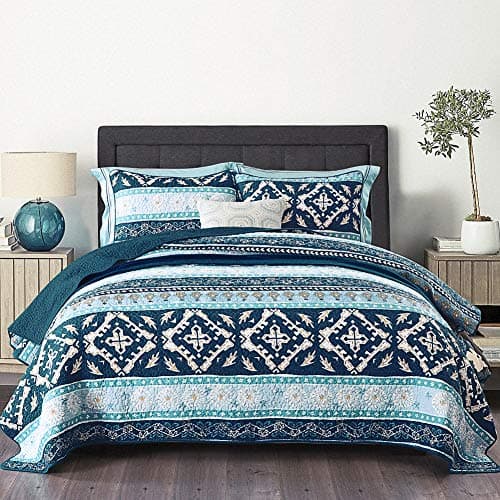 NEWLAKE Cotton Bedspread Quilt SetsReversible Patchwork Coverlet Set Boho Chic PatternKing Size
