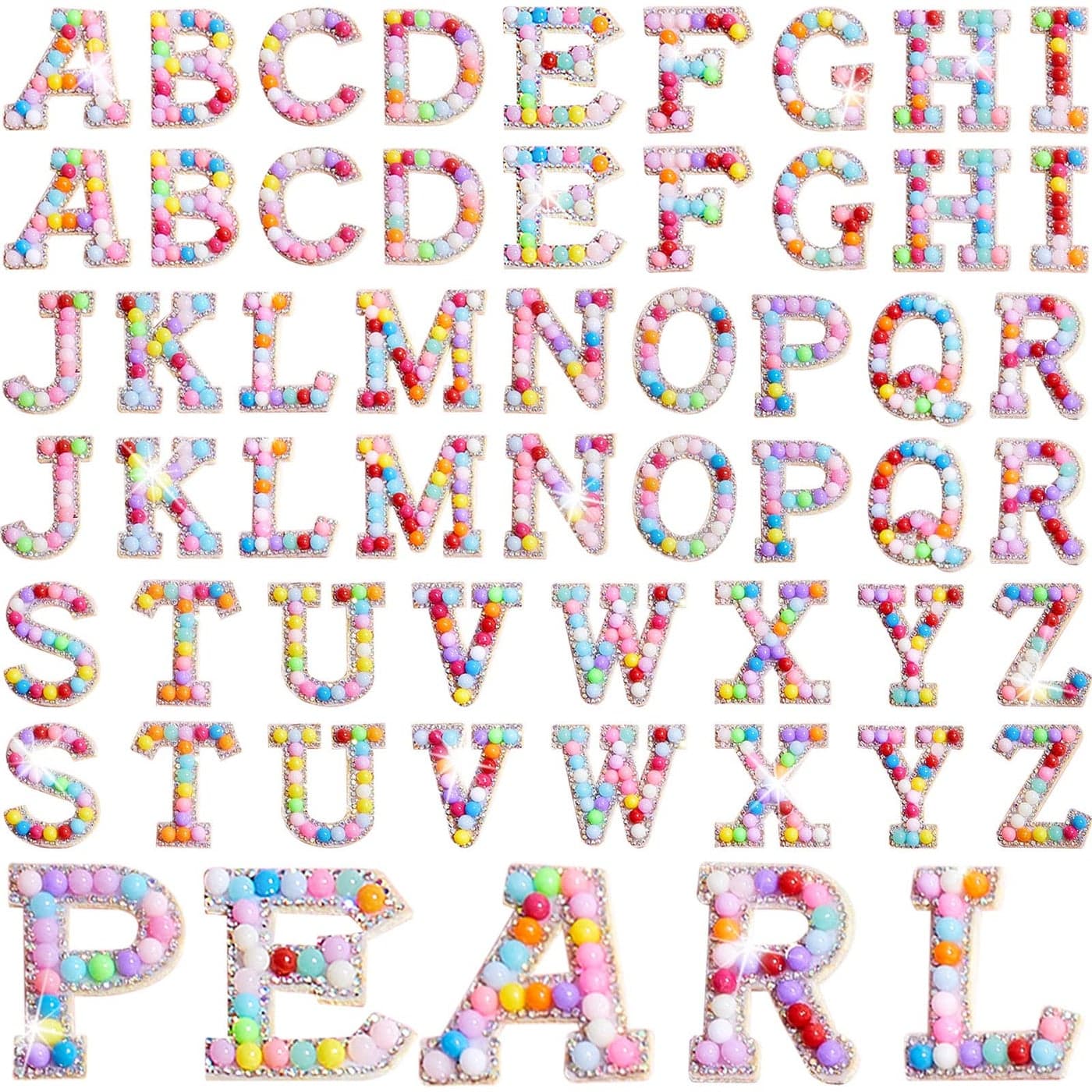 Canlierr 52 Pcs Self Adhesive Pearl Rhinestone Letter Patches Rhinestone Az Glitter Pearl Sew on Patches Bling Letter Sticker Appliques Fabric Craft for DIY Clothes Bags HatsCute Style