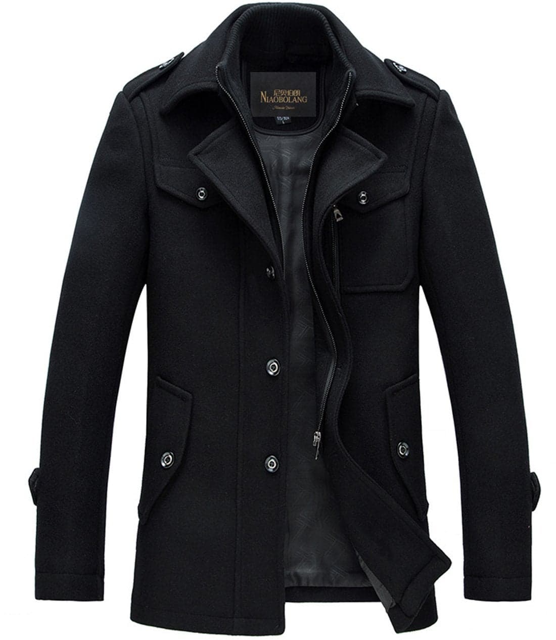 chouyatou Men's Stand Collar Wool-Blend Classic Pea Coat with Removable Inner Collar (Small, H36-Black)