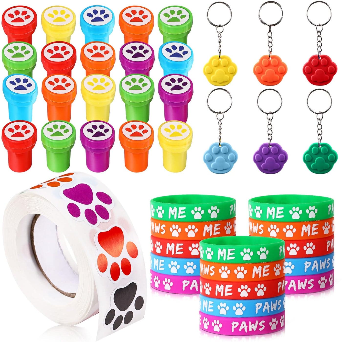 Skylety 58 Pcs Dog Paw Print Party Favors Set, Paw Print Stamps Rubber Silicone Bracelets Sticker Keychain, Puppy Birthday Party Favors Patrol Supplies, Gift Bag Stuffer (Multi Colors)