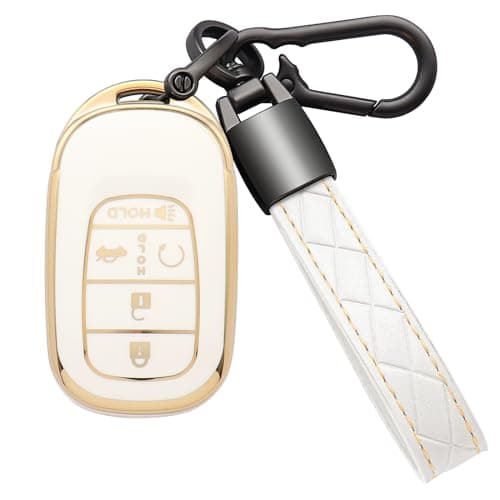 Kespevn for Honda Key Fob Cover 5 Button Soft TPU with Leather Keychain 360 Degree Protection Key Case Shell Holder Fits for 2022 2023 2024 Honda Accord Civic HRV CRV Pilot Odyssey A White