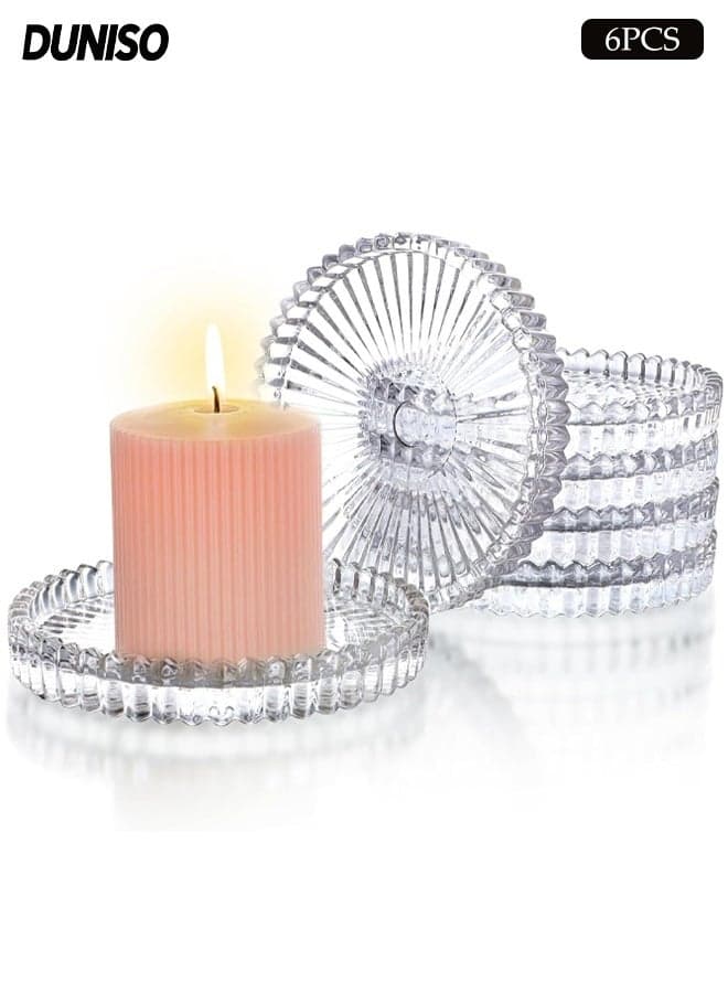 Clear Glass Pillar Candle Holder Plates Set of 6, 10cm Round Glass Candle Pillar Plate, Gear Serrated Candle Tray Plates for Table Centerpieces, Party, Wedding & Home Decor