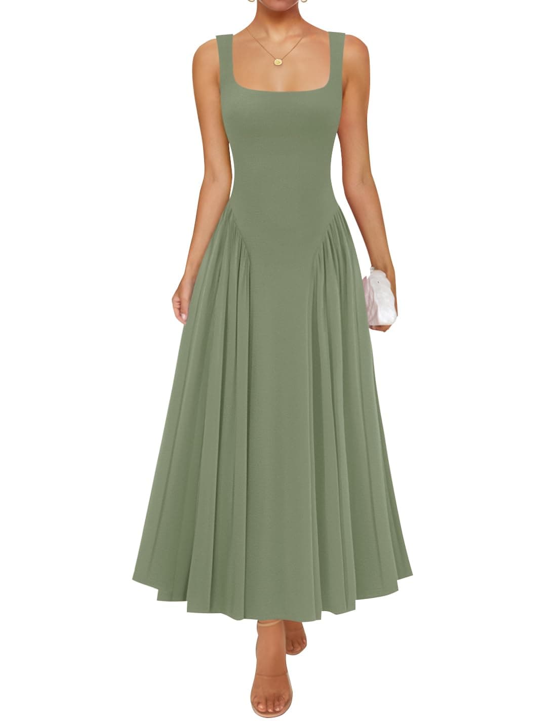 ZESICA Womens 2025 Summer Sleeveless Square Neck Sundress Casual Long Flowy A Line Knit Dress Beach Vacation Maxi DressesGreenMedium