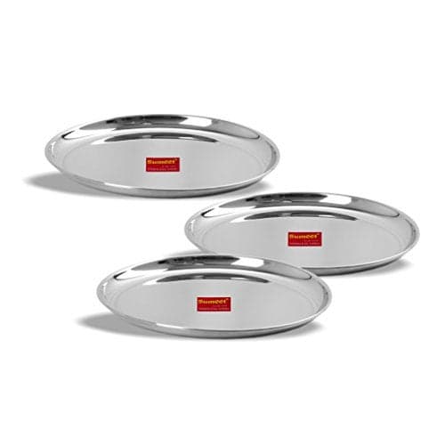 Sumeet Stainless Steel Heavy Gauge Shallow Dinner Plates with Mirror Finish 31cm Dia - Set of 3pc