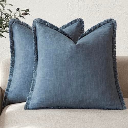 Foindtower Set of 2 Decorative Linen Fringe Throw Pillow Covers Cozy Farmhouse Cushion Cover with Tassels Accent Pillowcase for Couch Chair Sofa Bed Living Room Home Decor,16×16 Inch,Dark Blue