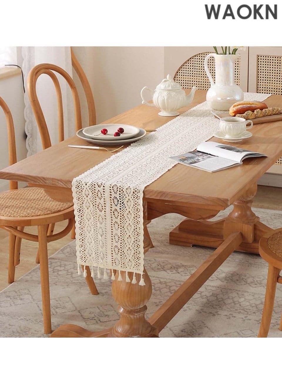 Boho Table Runner 120*9.6Inch Long Linen Placemats Farmhouse Cotton Woven Table Runner with Tassels & Hollow-Out Design for Home Party Wedding Bedroom Decoration