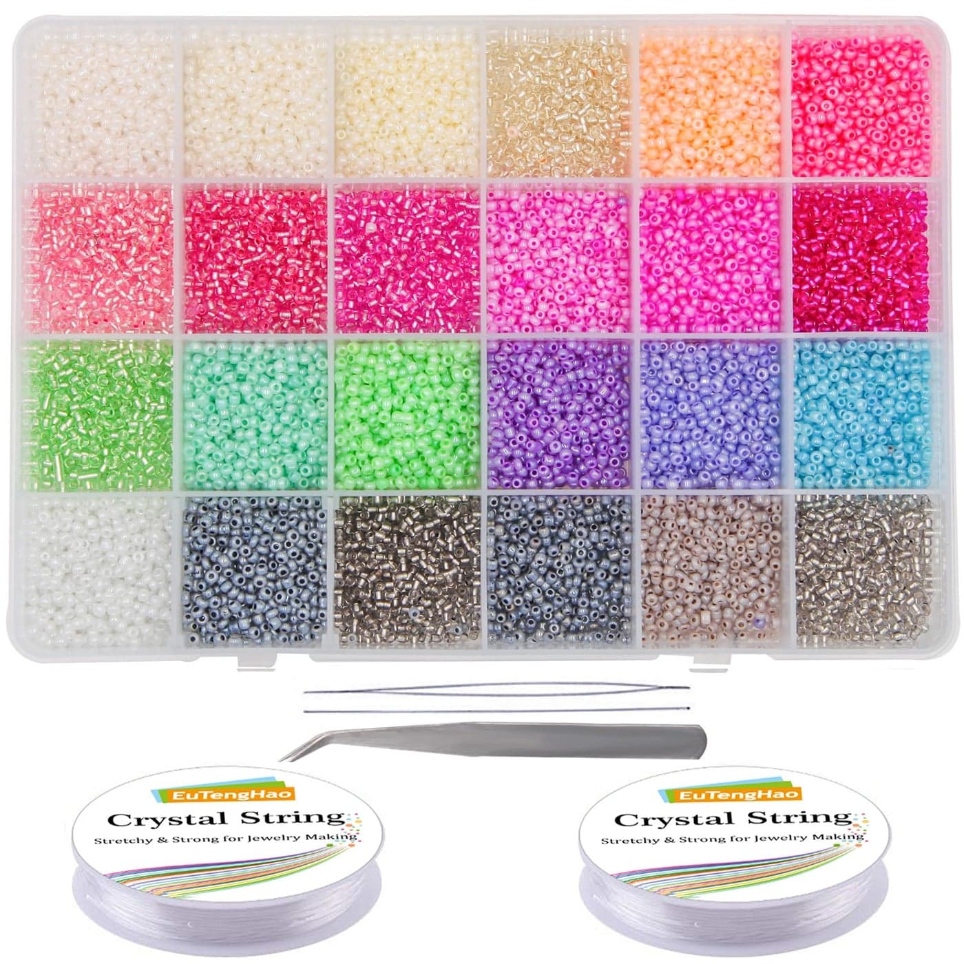 EuTengHao 18000Pcs Pony Seed Beads 2mm Glass Beads Waist Beads with Tweezers Strings for DIY Bracelet Necklaces Earring Jewelry Making Crafts 750 Per Color 24 Colors