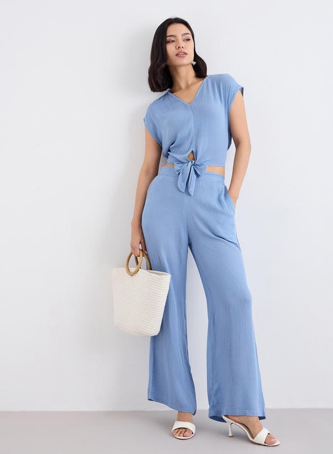 Blue Front Knot Crop Top And Pants Co-Ords