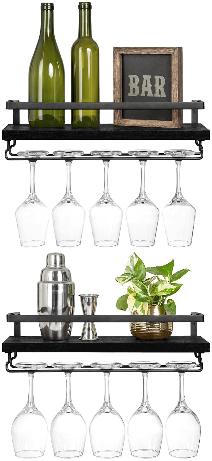 Mkono Wall Mounted Wine Rack Set of 2 Wood Shelf Rustic Wine Bottle Glass Floating Shelves with Stemware Hanger Modern Plants Photos Wine Display Storage Holder for Kitchen Dining Room Bar Black
