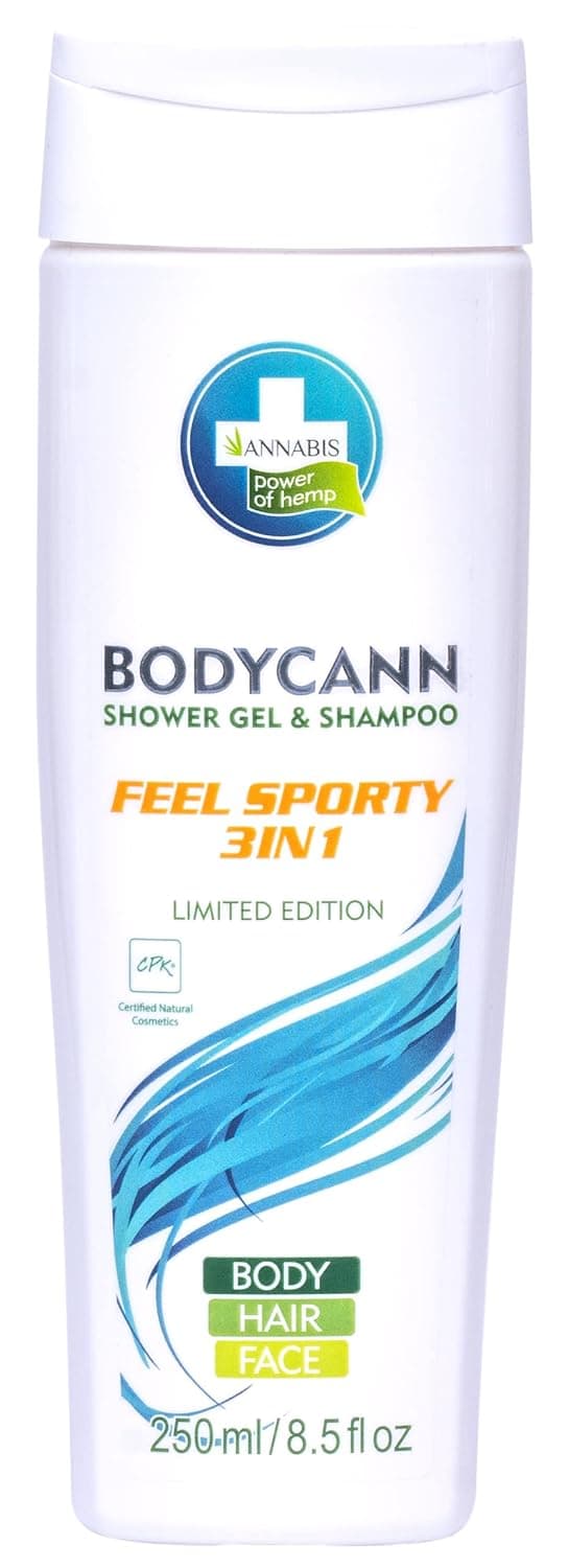 BODYCANN FEEL SPORTY 3in1 AllNatural Vegan Hemp Shower Gel Shampoo Hair Face Body Gentle Wash for Sensitive Very Dry Eczematous and Psoriasis Skin