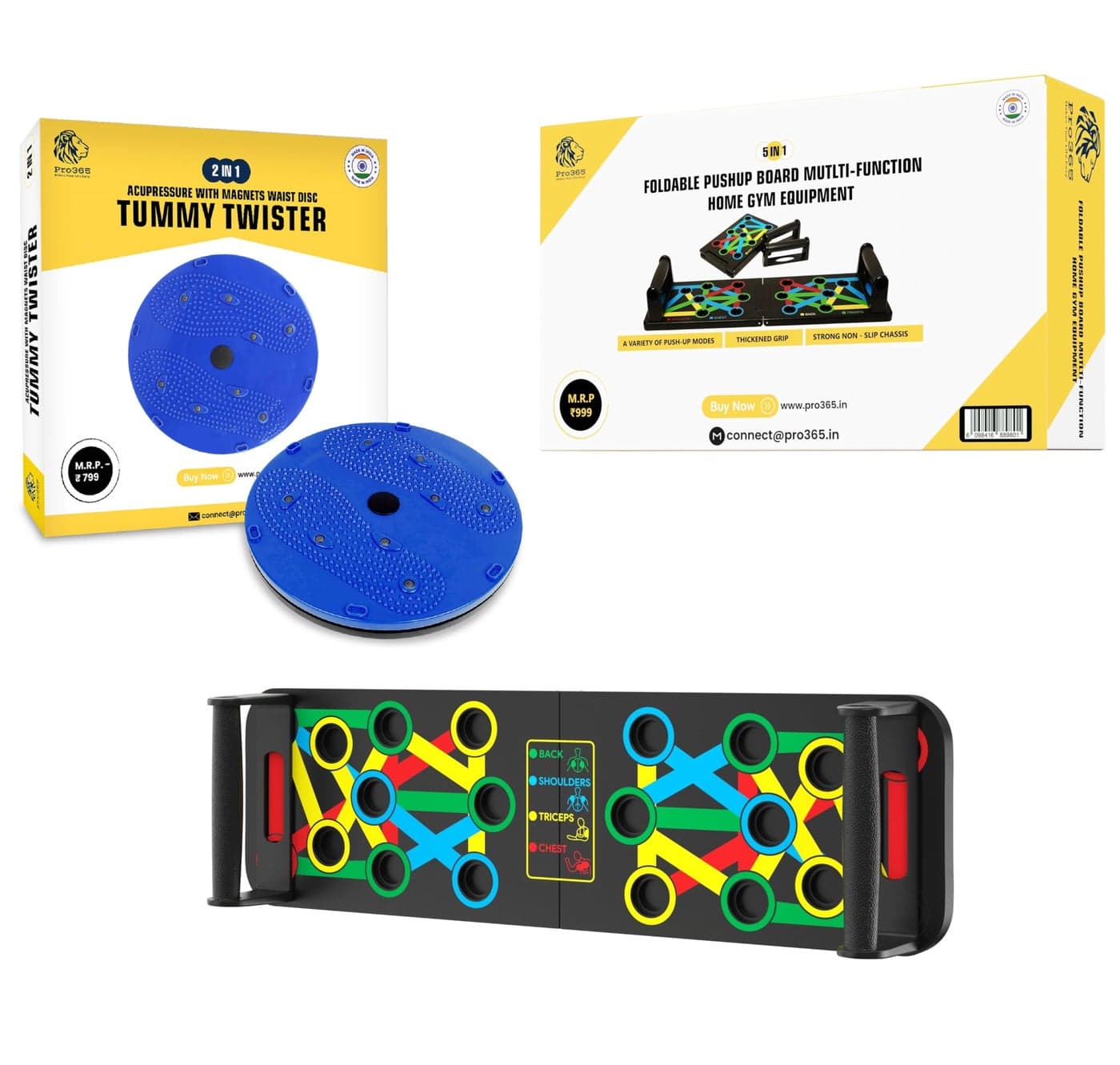 PRO365 Waist Disc Acupressure With Magnets Reflexology Slimming Abdominal 2 in 1 tummy twister Yellow With Pushup Board Combo Ab Exerciser