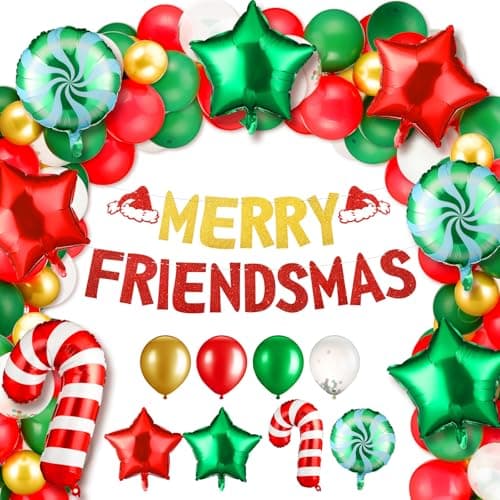Seematn 128 PCS Merry Friendsmas Party Decorations Friends Celebrate Banner Balloons Friends Themed Christmas Garland Bunting Decorations Supplies for Xmas Holiday Party