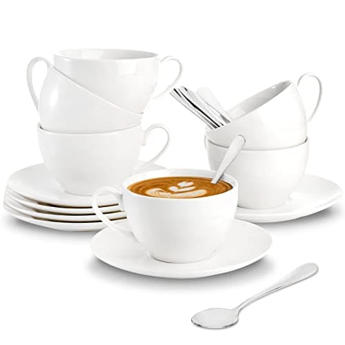 Foraineam Espresso Cups with Saucers and Spoons 6 oz White Tea Cup Set Porcelain Coffee Cup and Saucer Set with Stainless Steel Spoon for Specialty Coffee Drinks Latte Cafe Mocha and Tea Set of 6