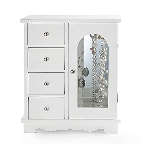 ZGZD White Jewelry Box for Girls Wooden Makeup and Accessories Organizer Ring Storage with 4 Drawers and Swing Door