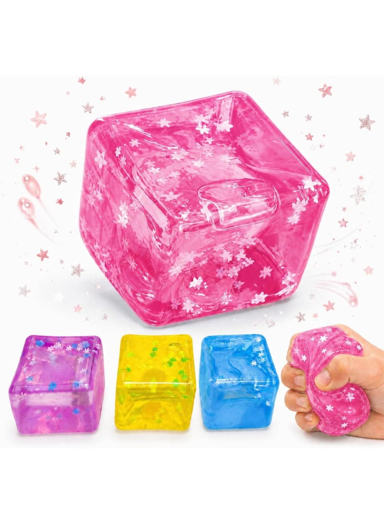 Glitter Star Squishy Cube Fidget Toy – Squeeze & Stretch Stress Ball for Kids & Adults, Sensory Anxiety Relief Toy, 2.1 Inch, Pack of 1 (Pink)