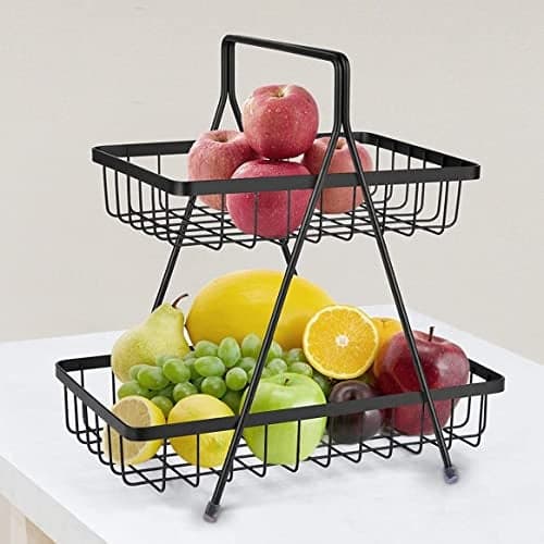 Plantex High Grade Fruit Basket for Dining Table/2- Tier Vegetable Basket Stand for Kitchen/Modern Fruit Storage Bowl for fruits and Vegetables/Kitchen Counter & Dining Table (Black)