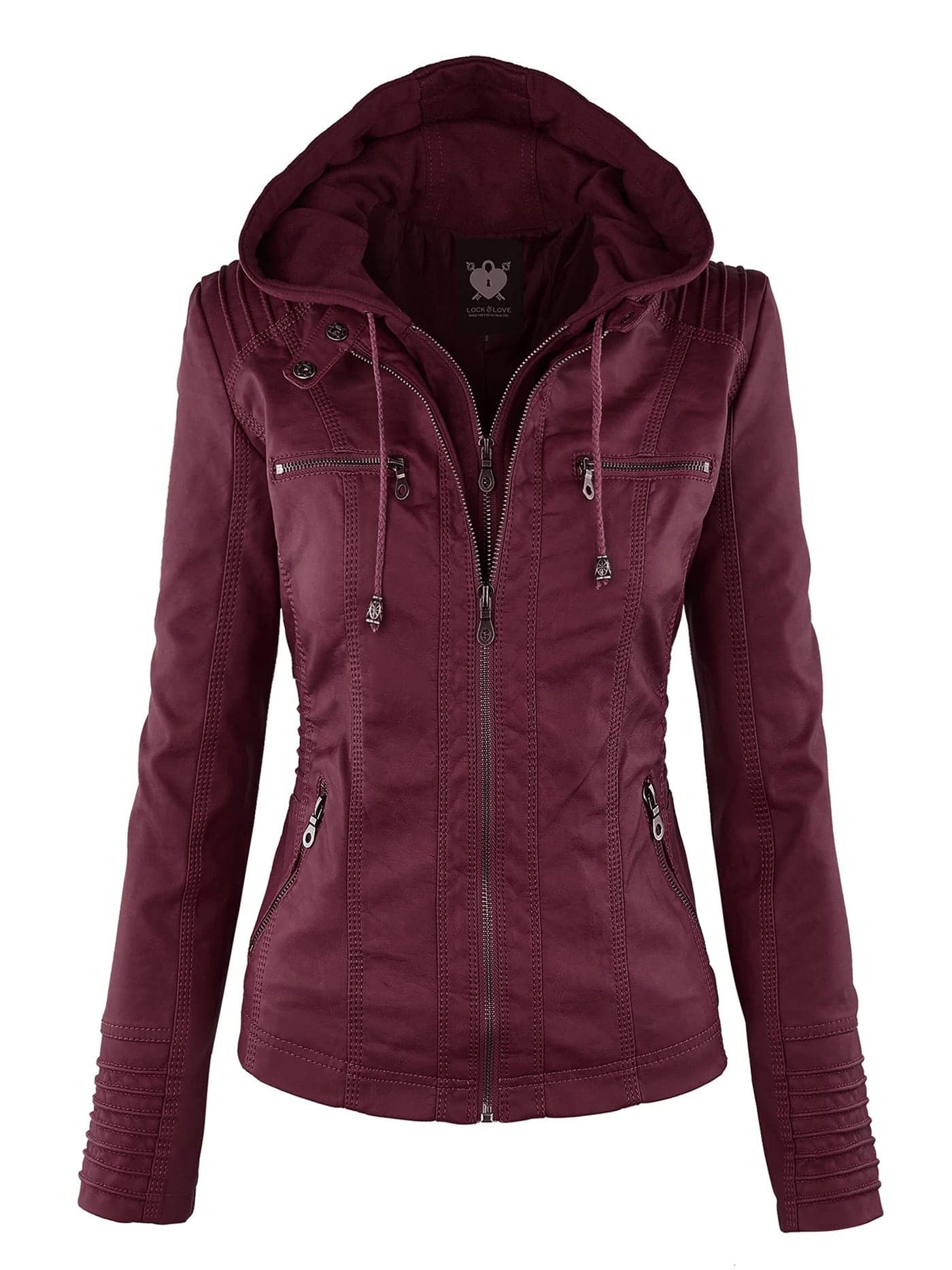 LL WJC663 Women’s Faux Leather Moto Biker Jacket with Removable Hood – Lightweight Zip-Up Coat with Pockets for Fall and Winter XS Wine