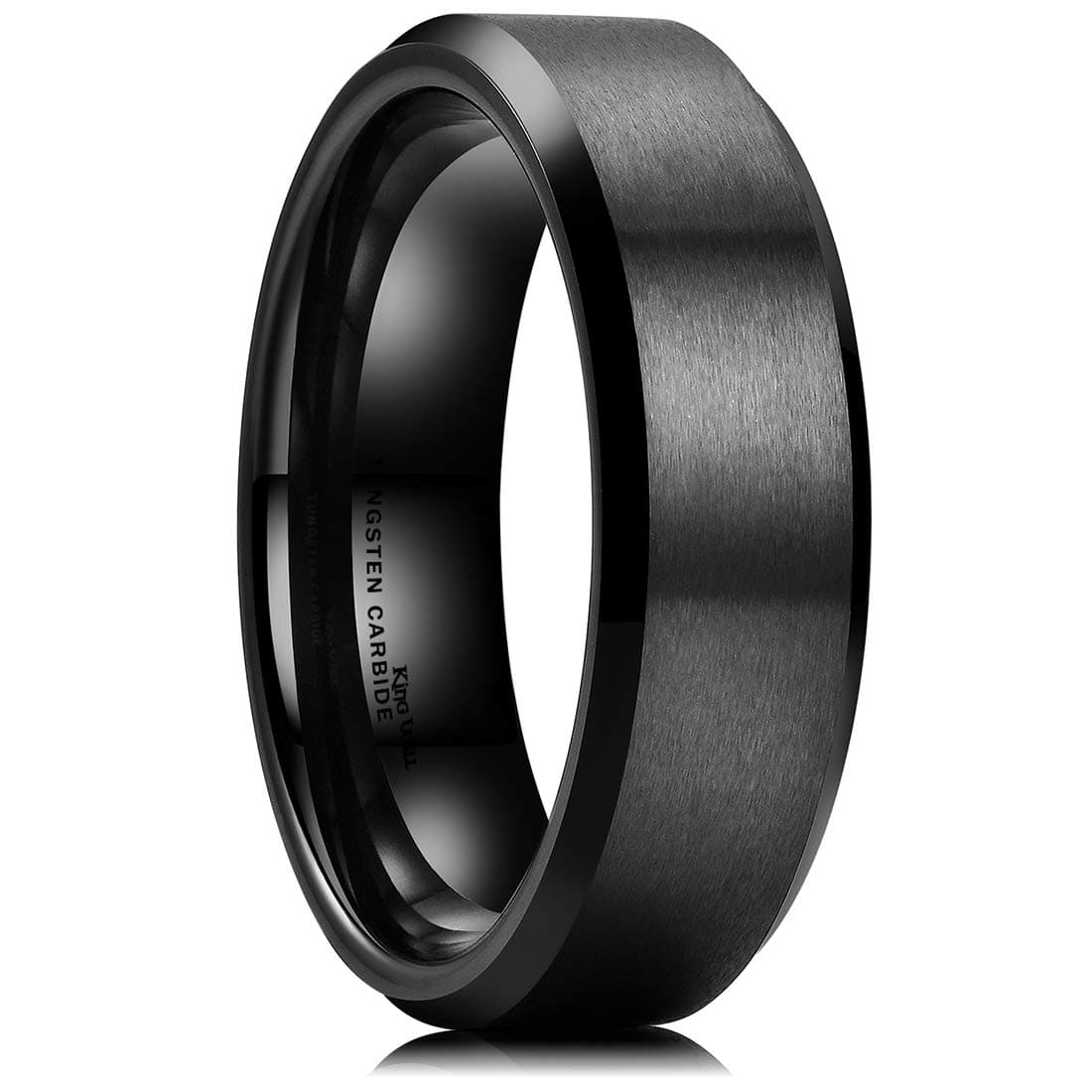 King Will 6mm Men's Black Wedding Ring - Brushed Matte Surface, Beveled Polished Edge, Comfort Fit Size 11