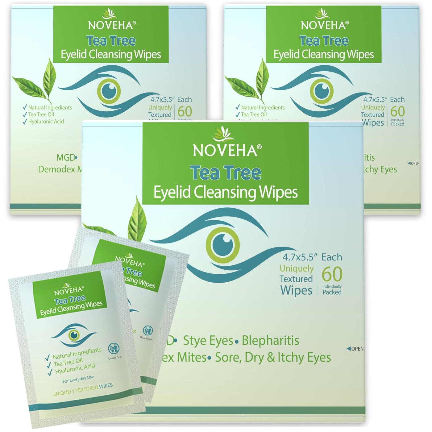 NOVEHA Tea Tree Oil Eyelid Lash Wipes With Hyaluronic Acid Green Tea Chamomile For Blepharitis Itchy Eyes Individually Wrapped Eyelash Wipes Natural Makeup Remover Daily Cleanser Pack of 3