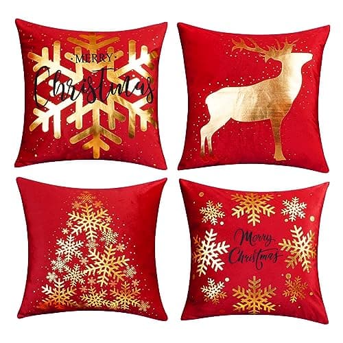 ONWAY Red Christmas Decorations Gold Throw Pillow Covers 18x18 Set of 4 Snowflakes Reindeer Decorative Cushion Cases Xmas Golden Decor for Couch Sofa Bedroom