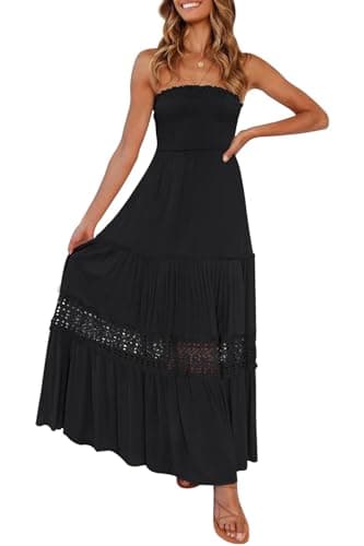 ZESICA Women's 2025 Summer Bohemian Strapless Off Shoulder Lace Trim Backless Flowy A Line Beach Long Maxi Dress,Black,Large