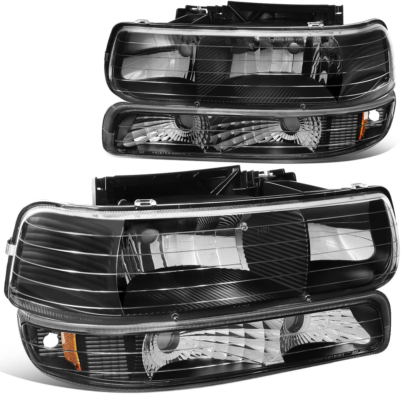DNA MOTORING HLOHCS994PBKAB Black Amber Headlights Compatible with 9902 Silverado 0006 SuburbanTahoe Bottom Bumper Lights Fit OE Grill