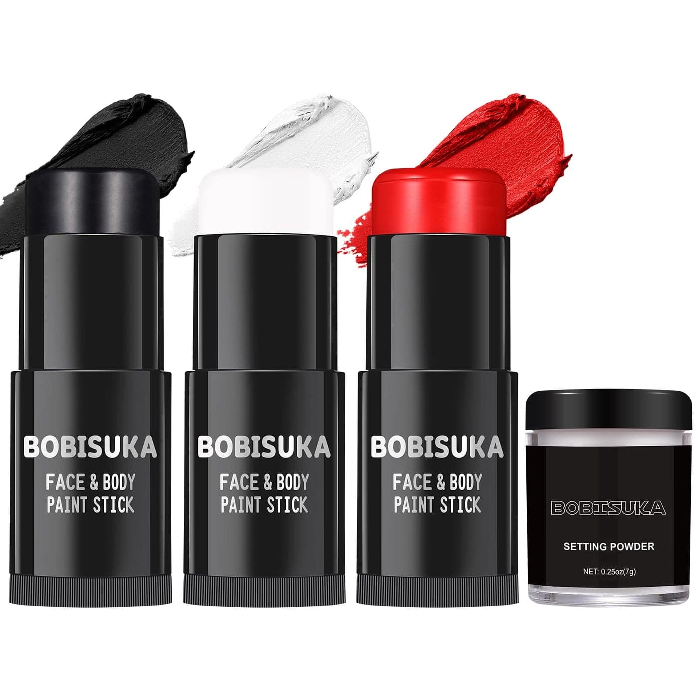 BOBISUKA Black White Red Face Paint Stick with Setting Powder Set Clown Makeup Eye Black Sticks for Sports Body Paints for Halloween Joker Skeleton Cosplay Special Effects Costume SFX Stage Kit