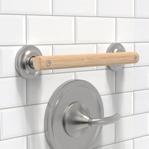 AquaChase Natural Bamboo Grab Bar for Bathroom Toilet ADA Compliant Balance Assist Handrail for Handicap and Seniors 12in Brushed Nickel