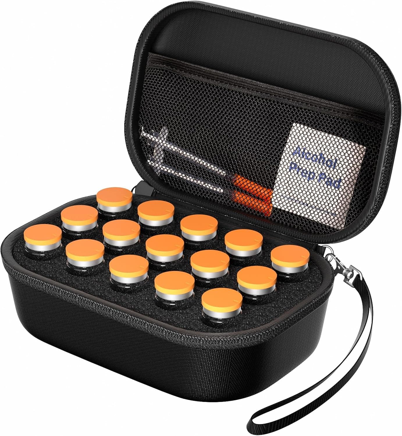 ProCase 15 Slots Insulin Vial Holder for Fridge Peptide Travel Storage Hard Carrying Case for Standard 10ml U100 Vials Bottles Diabetic Supplies Kits Organizer Container with Hand Strap Black