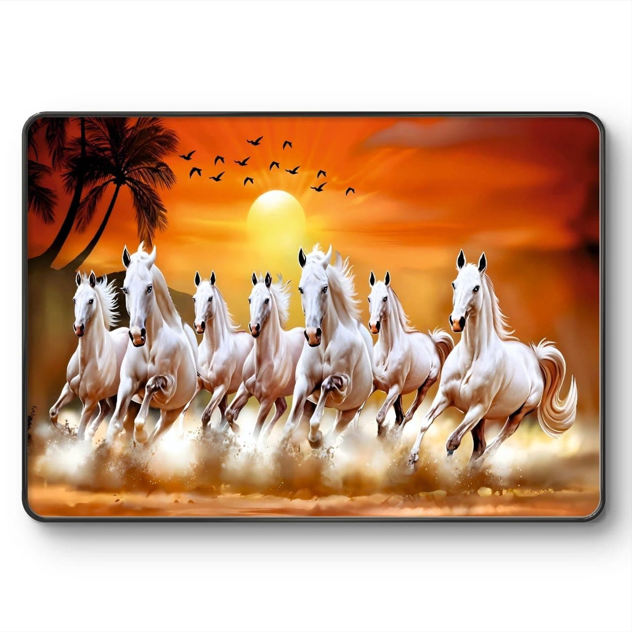 SAF 7 Running Horses at Sunrise Vastu Wall Painting with Frame - Sparkle Glossy Round Black Framed Large Painting for Office, Living Room, Bedroom, Home Wall Decoration Animals Painting (Multicolour, 14 x 10 inch)