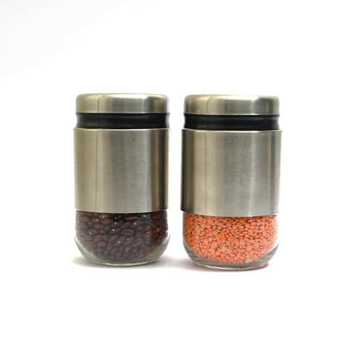 Femora Cylindrical See-Through Glass Jars with Stainless Steel Body | Airtight Storage for Snacks, Fried Food, Masala, Spices & Cookies | 550 ML | Set of 2 | 1-Year Warranty