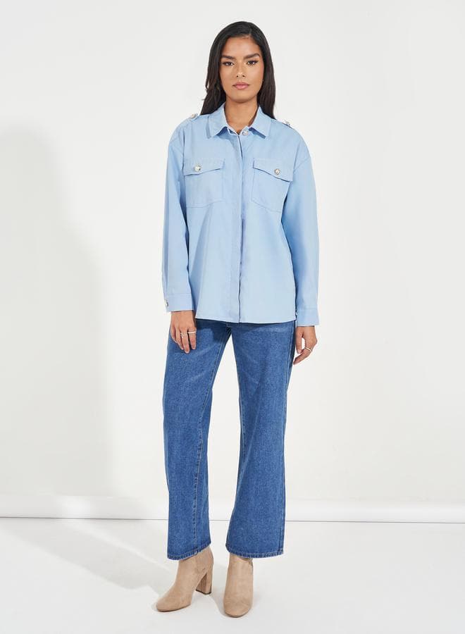 Styli Twill Oversized Shirt with Flap Pockets — L