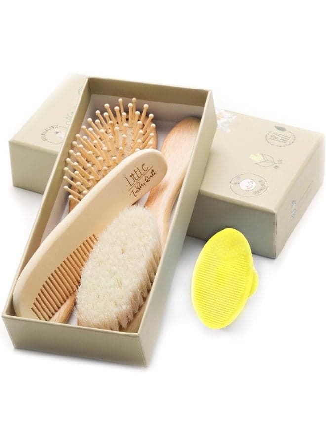 Wooden Baby Hair Brush and Comb Set (4-Piece) for Newborns and Toddlers | Ideal for Baby Cradle Cap | Wood Bristles Baby Massage and Scalp Brush | Perfect for Baby Registry Gift Set