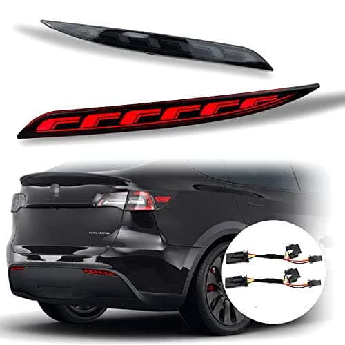 PGTOPONE Red LED Rear Bumper Reflectors Fog Brake Tail Light Lamps Turn Signal Light Plug and play Kit for Tesla Model Y 2021 2022 Accessories Smoked Model Y