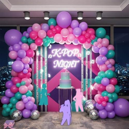 KPop Music themed Birthday Decorations with Hot Pink Teal Purple balloon arch Artificial palm leaves for Girls Summer Tropical Hawaii music fans Prom Party Decorations