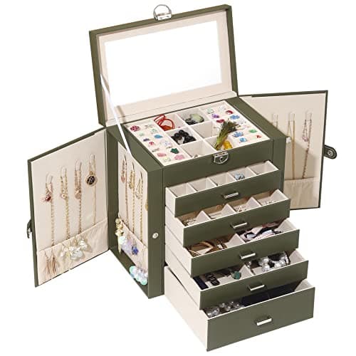 BOOVO Jewelry Box For women, 6 Layer Large Jewelry Organizer With Mirror, Multi-Function Storage Box With Lock, Accessory Holder With 5 Drawers, For Earrings Necklace Ring Bracelet (Black)