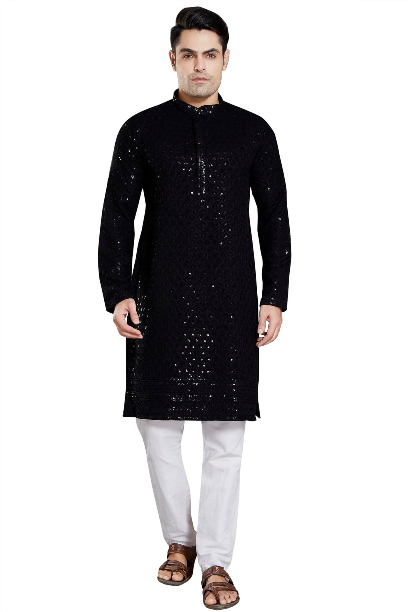 DIVISIVE Men's Sequince Embroidered Cotton Blend Slim Fit Kurta Pyjama Set (DKRT25_XXXL_Black)