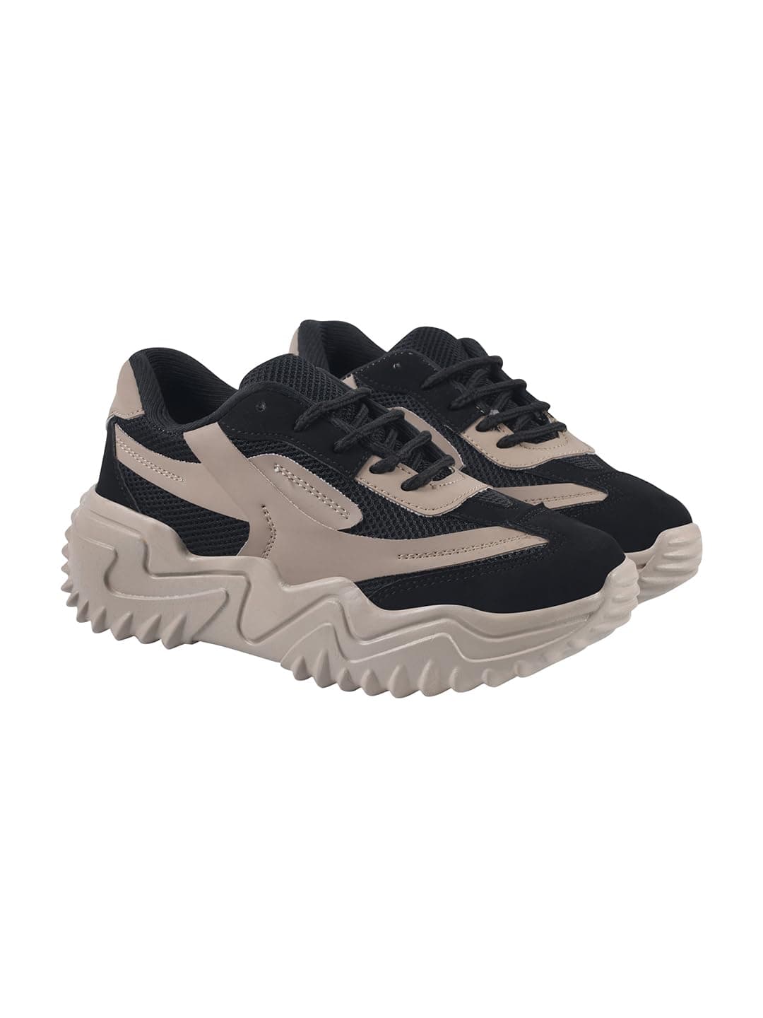 Chunky Platform Sneakers for Women – Beige & Black Colorblock || Lace-Up Athletic Shoes with Wavy Sole Design Casual and Party EU38
