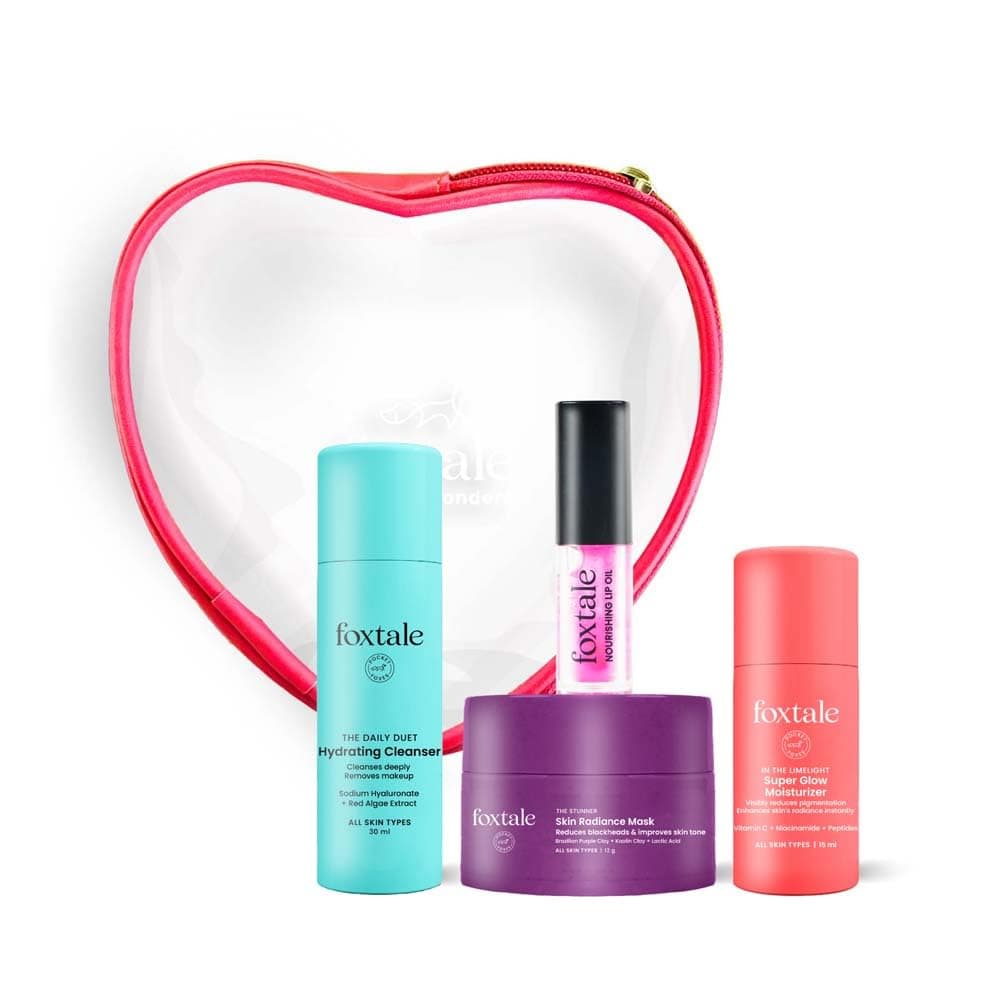 Foxtale Glow On Heartbeat Skincare Gift Set Hydrating Cleanser TanRemoving Face Mask Nourishing Lip Oil Free HeartShaped Pouch TravelFriendly SelfCare Kit for Radiant Glowing Skin