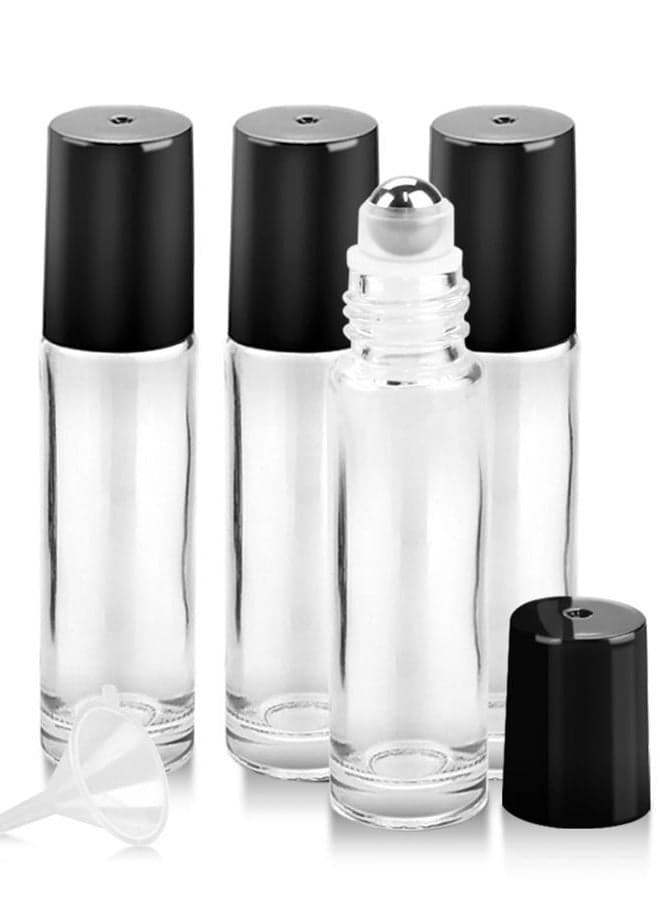4 Pack Essential Oil Roller Bottles, 10ml Refillable Clear Glass Roller Bottles with Stainless Steel Roller Balls and Caps for Travel, Perfume and Lip Gloss