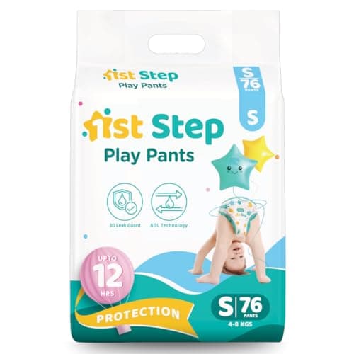 1st Step Play Pant Style Baby Diapers – Ultrasoft Comfort with 3D Leak Guard, Gel Lock Technology & Breathable Cotton Fit for up to 12 Hours Protection – S (76 Diapers)
