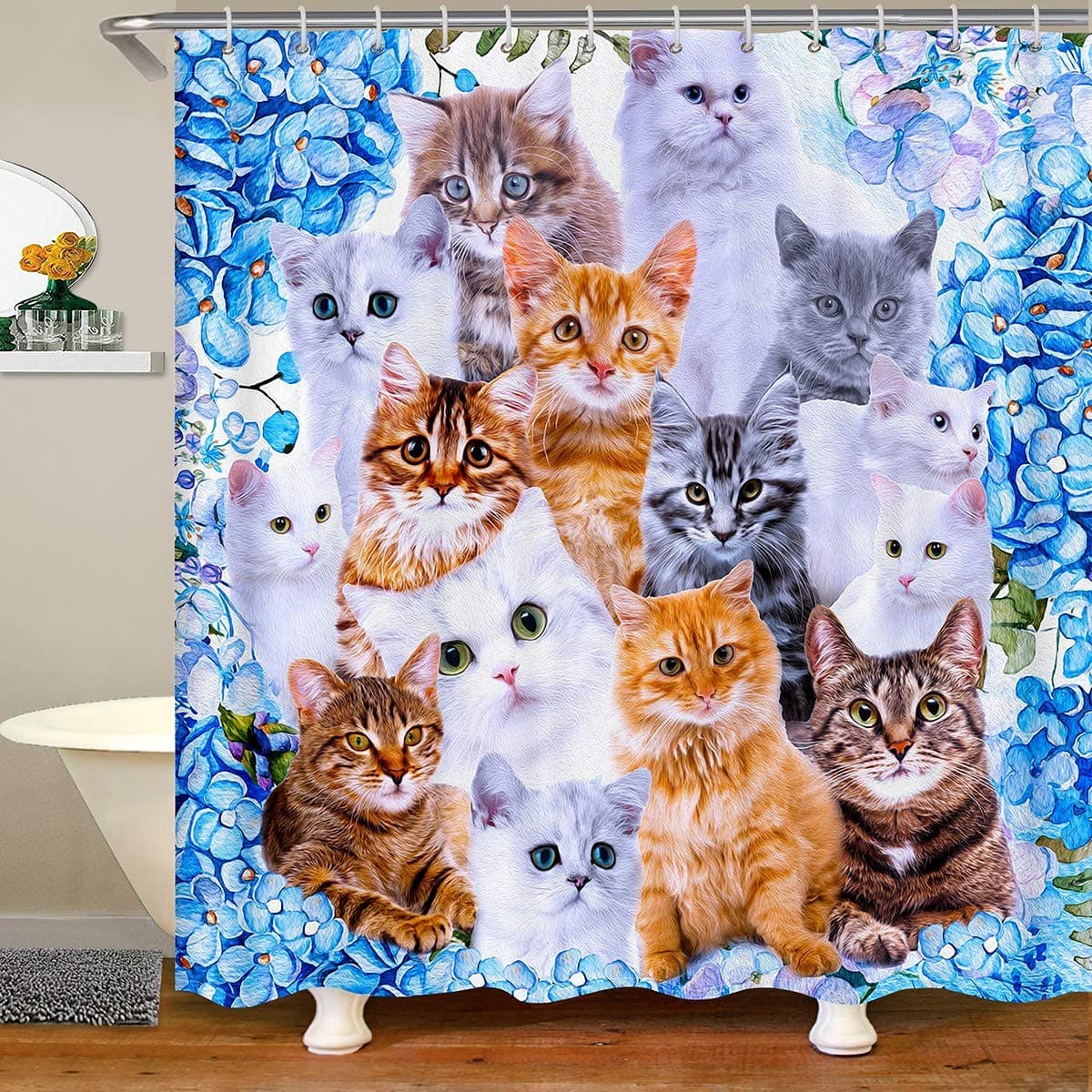 Cute Cat Shower Curtain with Hooks Cartoon Pet Cats Waterproof Shower Curtains Boys Girls Cute Kitten Print Fabric Bathroom Shower Curtain Cat LoverS Animal Themed Design Curtain72Wx72L Inch