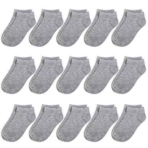 BOOPH 15Pcs Kids Socks for Boy Girls Low Cut Athletic Ankle Socks 6-8 Years Gray