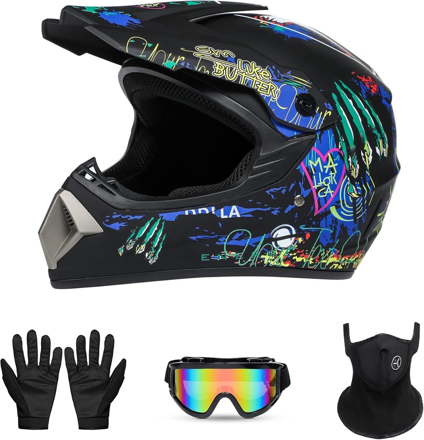 PZ PEZE Motorcross Helmet Set - Youth Full-Face Off-Road Helmet with Goggles, Gloves, and Mask