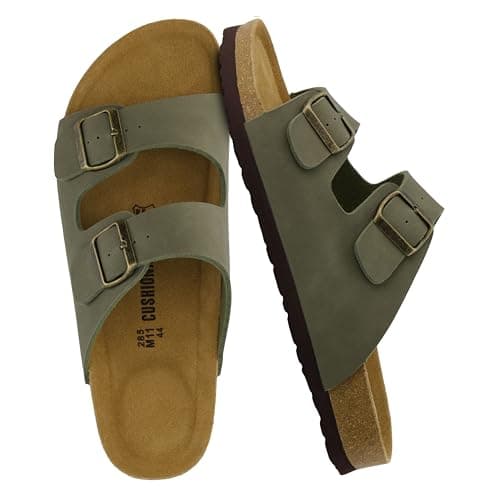 CUSHIONAIRE Lane Cork Footbed Mens Sandals, Adjustable Buckle Comfort Slides for Men, Genuine Leather Insole Summer Sandals Men Footwear, OLIVE 8