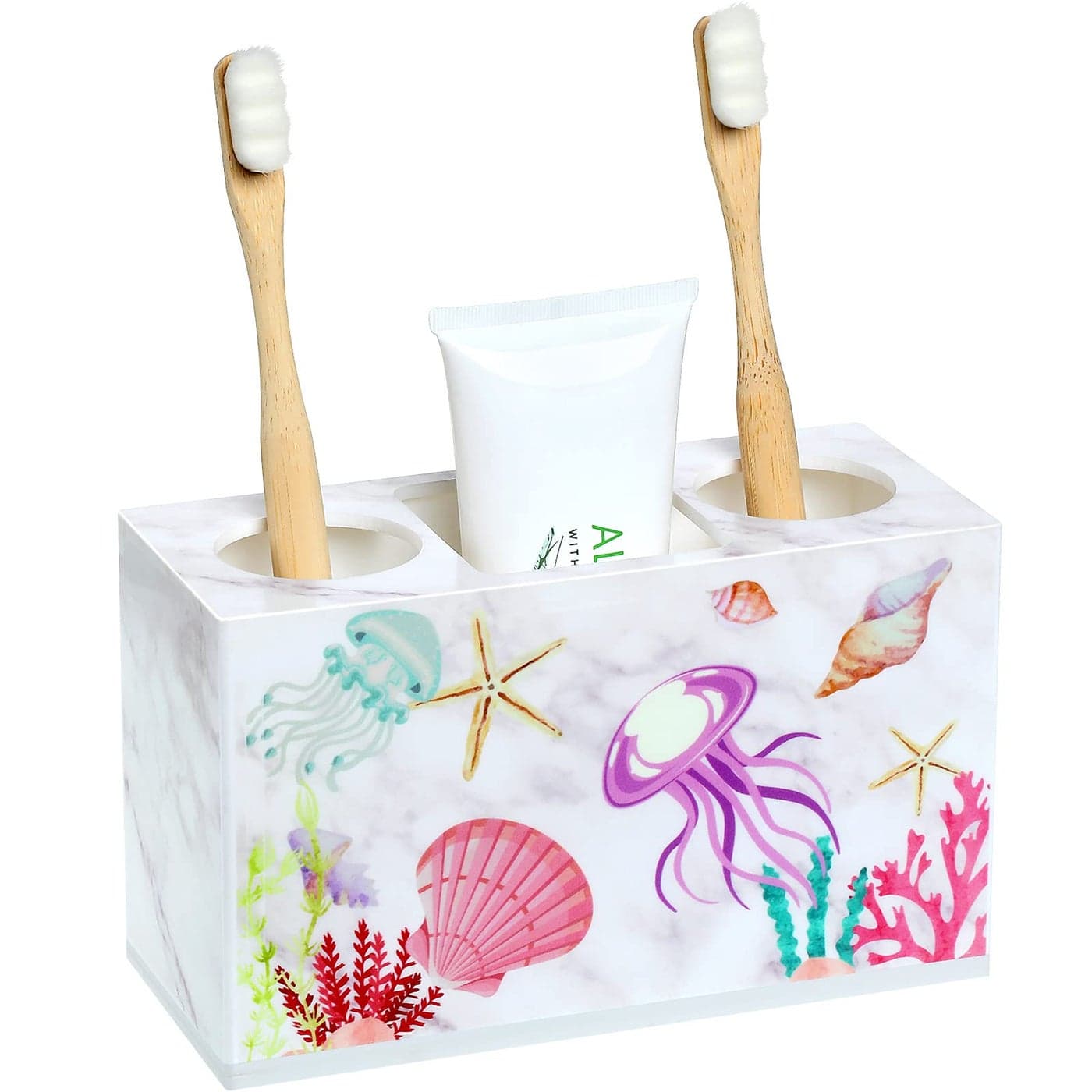 Yulejo Beach Shell Theme Bathroom Toothbrush Holder 3 Slots Hygienic Bathroom Accessories Acrylic Seaside Nautical Theme Electric Toothbrush Holder for Storage Dispenser