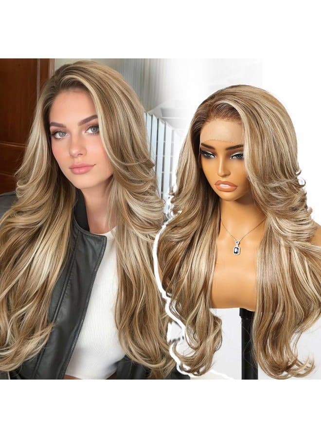 Ash Blonde Highlight Synthetic Lace Front Wig,13x4 HD Lace Layered Wave Glueless Wigs for Women Daily Use 26IN