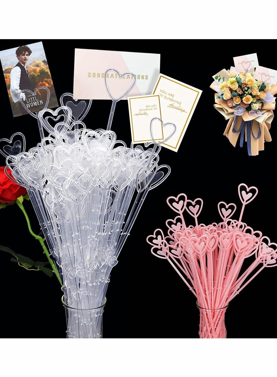 Plastic Clear Floral Card Holders Fork Shape and Heart Head Flower Picks for Wedding Birthday Party Event Decorations 160 Pieces