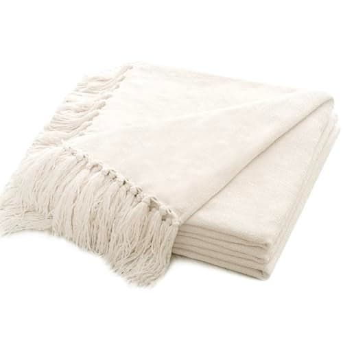 RECYCO Throw Blanket Soft Cozy Chenille Throw Blanket with Fringe Tassel for Couch Sofa Chair Bed Living Room Ivory White 60 x 80